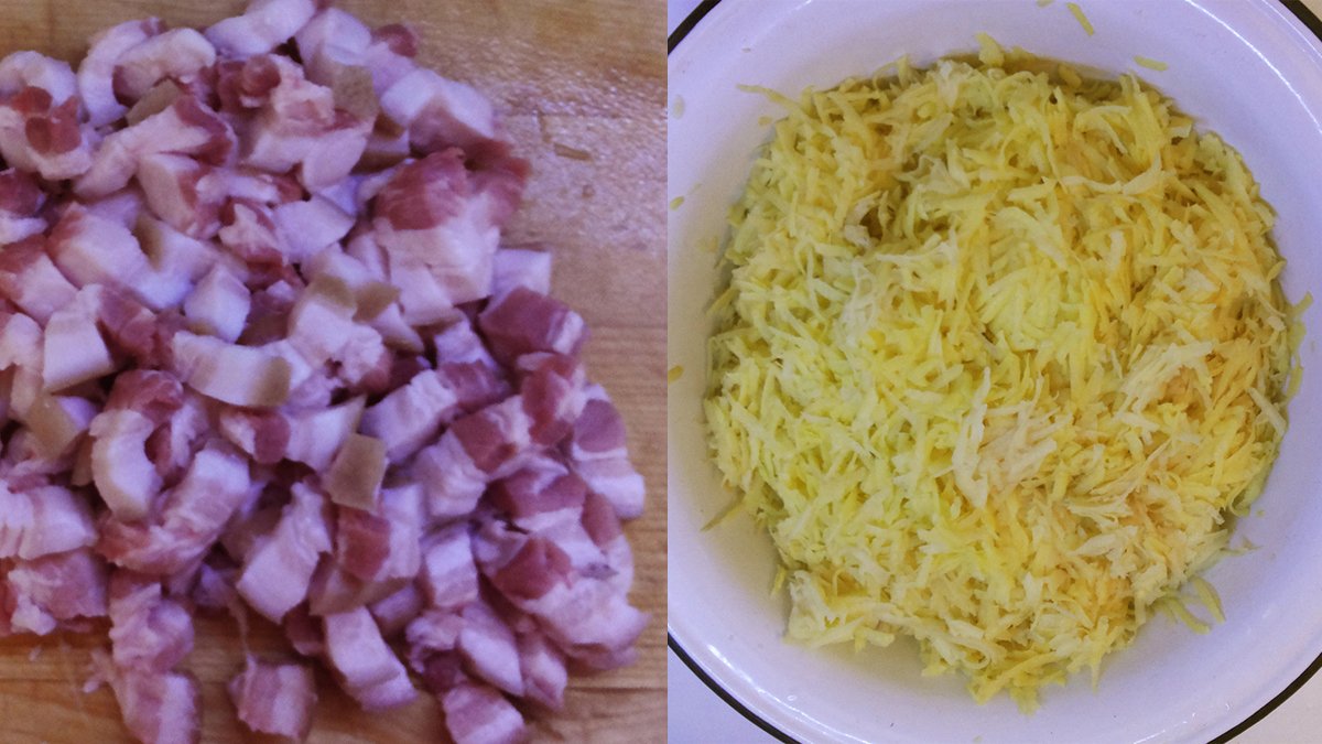 Свиная грудинка и картошка для картофельной бабки в духовке.